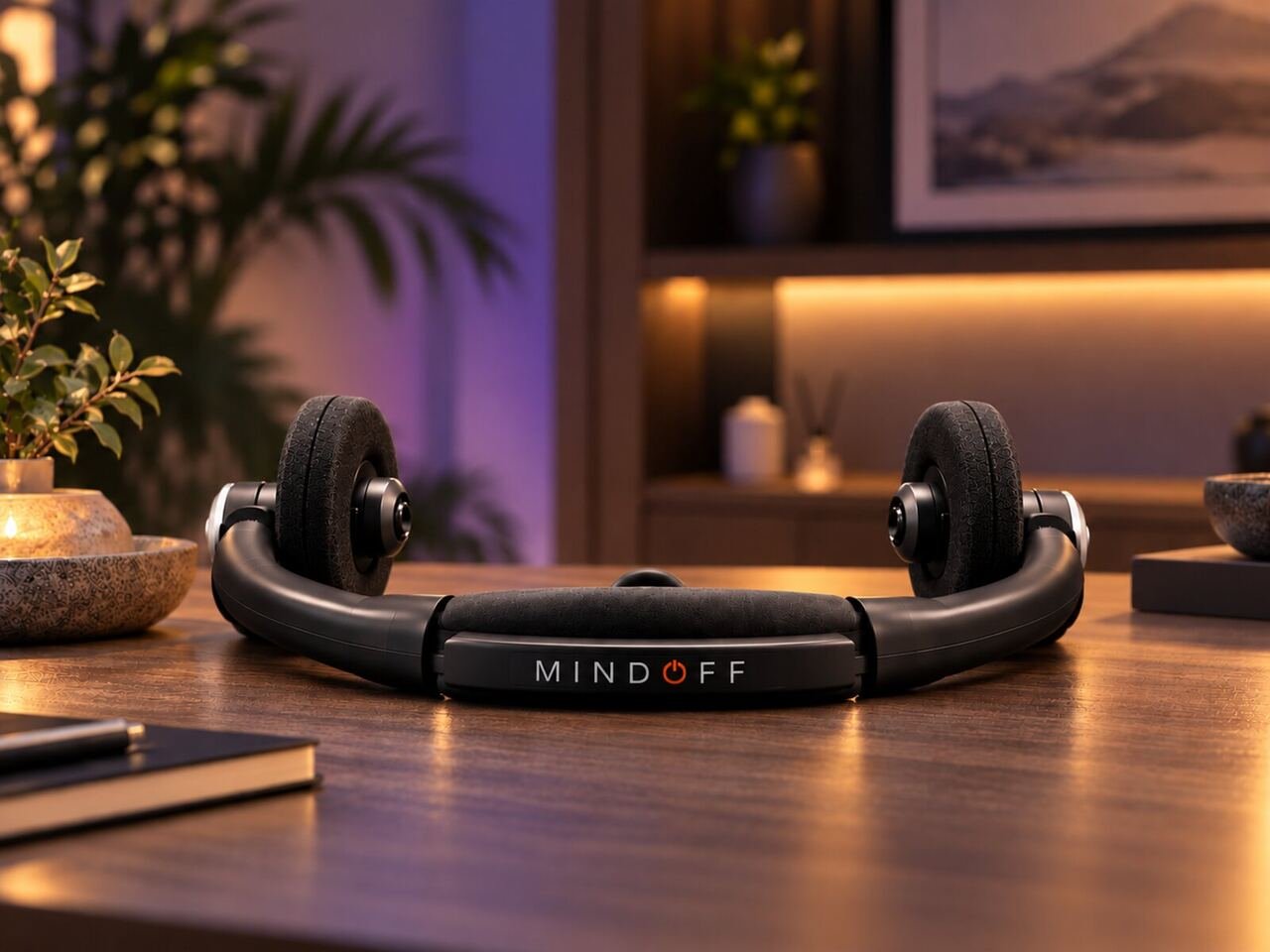 The MindOFF device resting on a wooden table in a calm, plant-filled room
