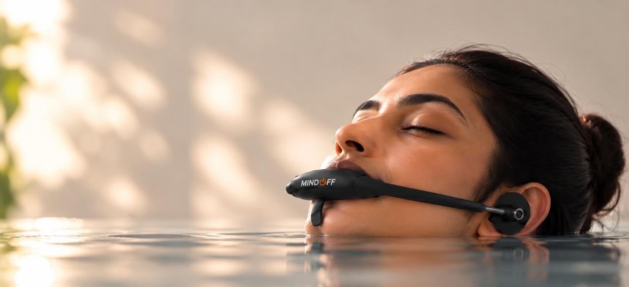 A person relaxing with eyes closed in calm water, wearing the MindOFF device