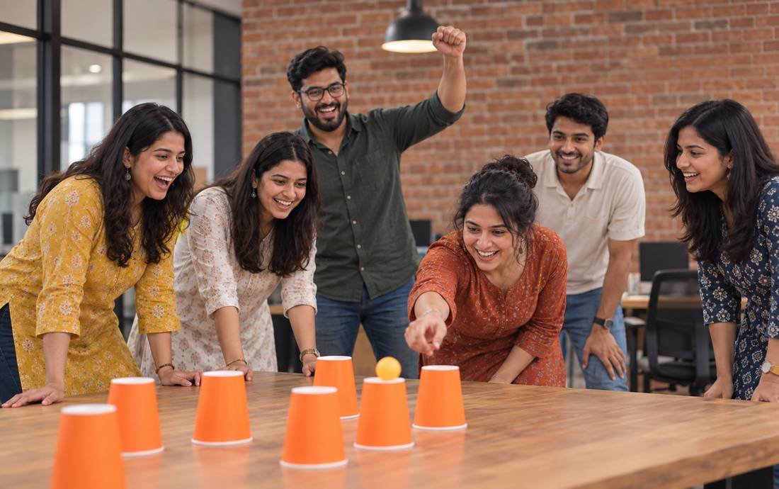 Colleagues laughing together during an office team activity