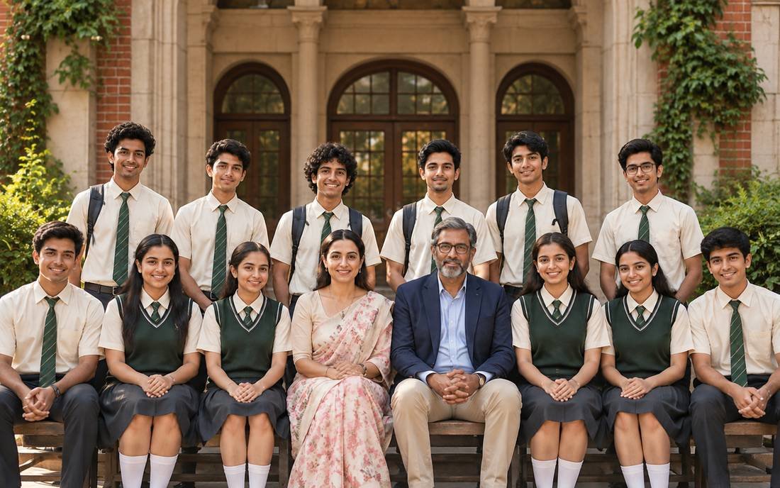 A group of students with two educators in front of a school building
