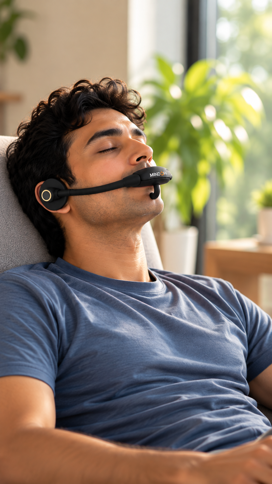Man relaxing on a sofa wearing the MindOFF™ device
