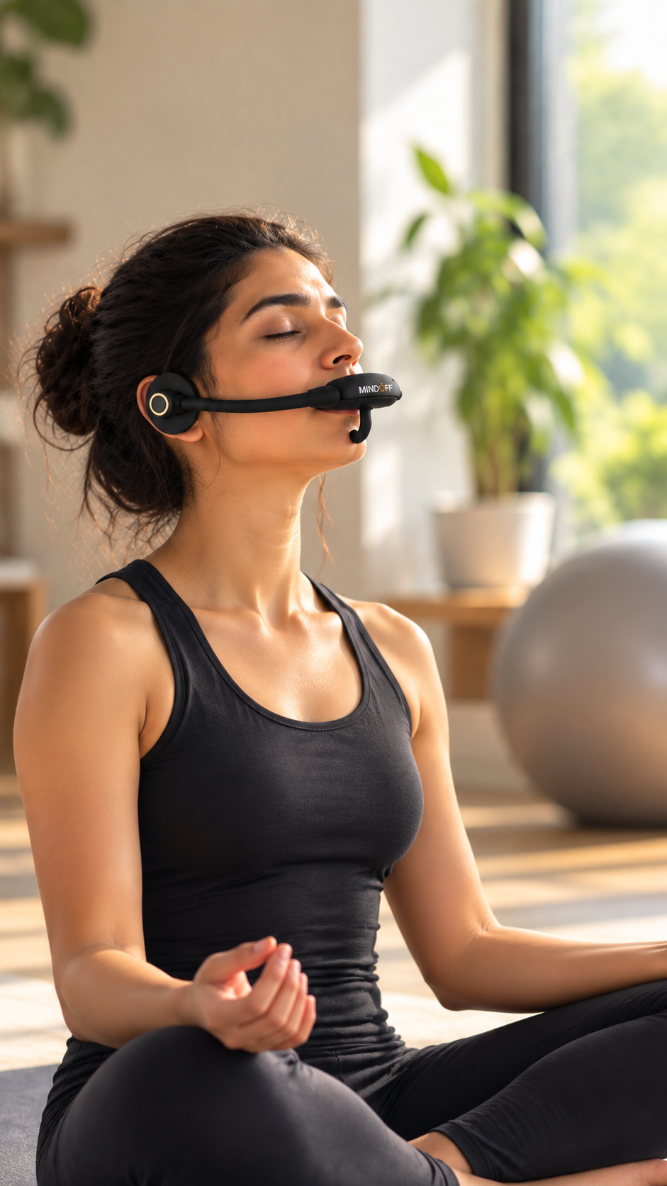 Woman in a seated yoga pose wearing the MindOFF™ device