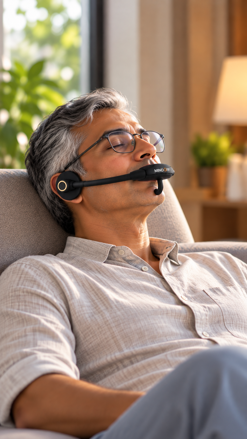 Man wearing glasses, relaxed in an armchair with the MindOFF™ device