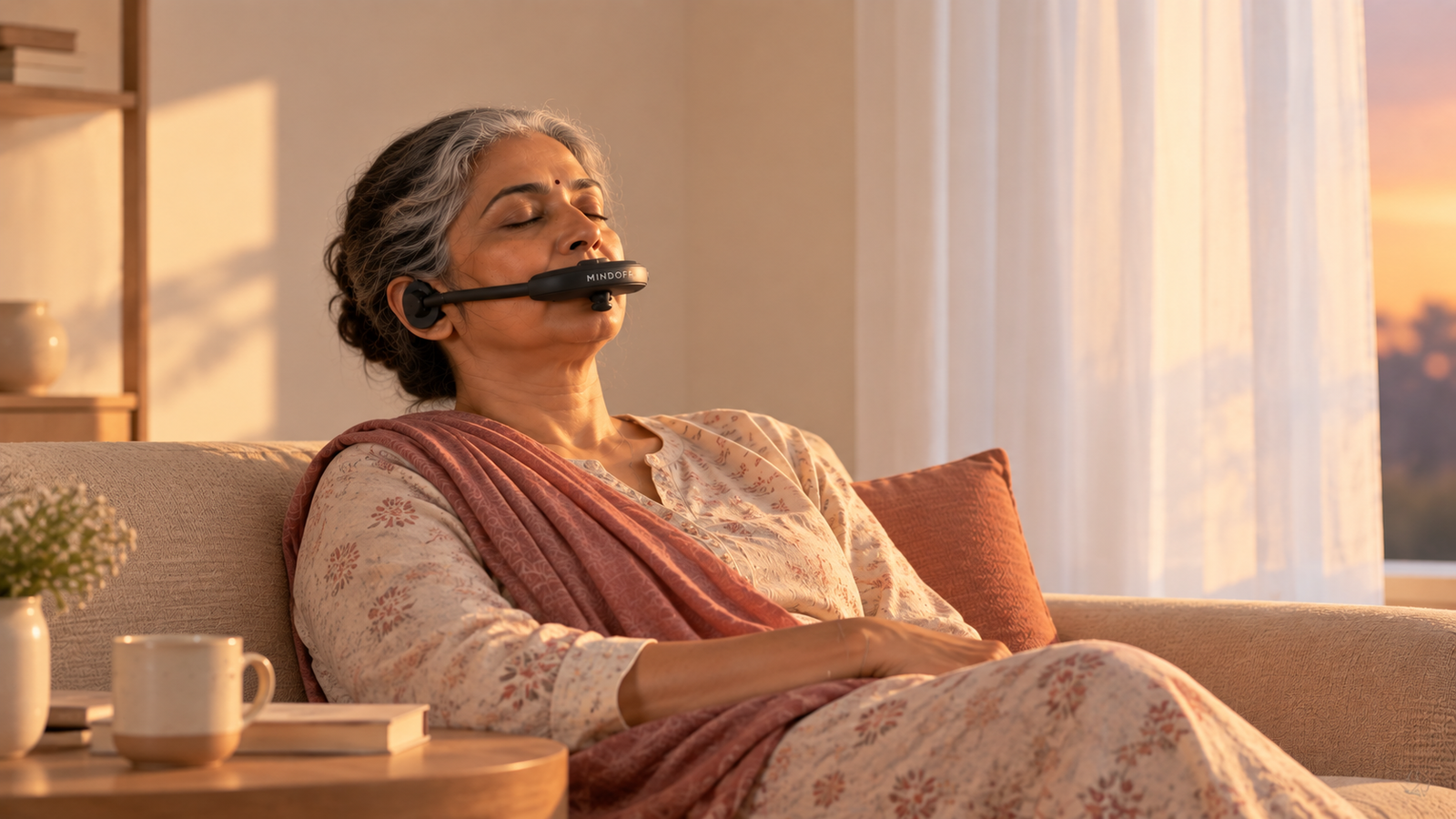 Woman relaxing on a sofa at sunset wearing the MindOFF™ device