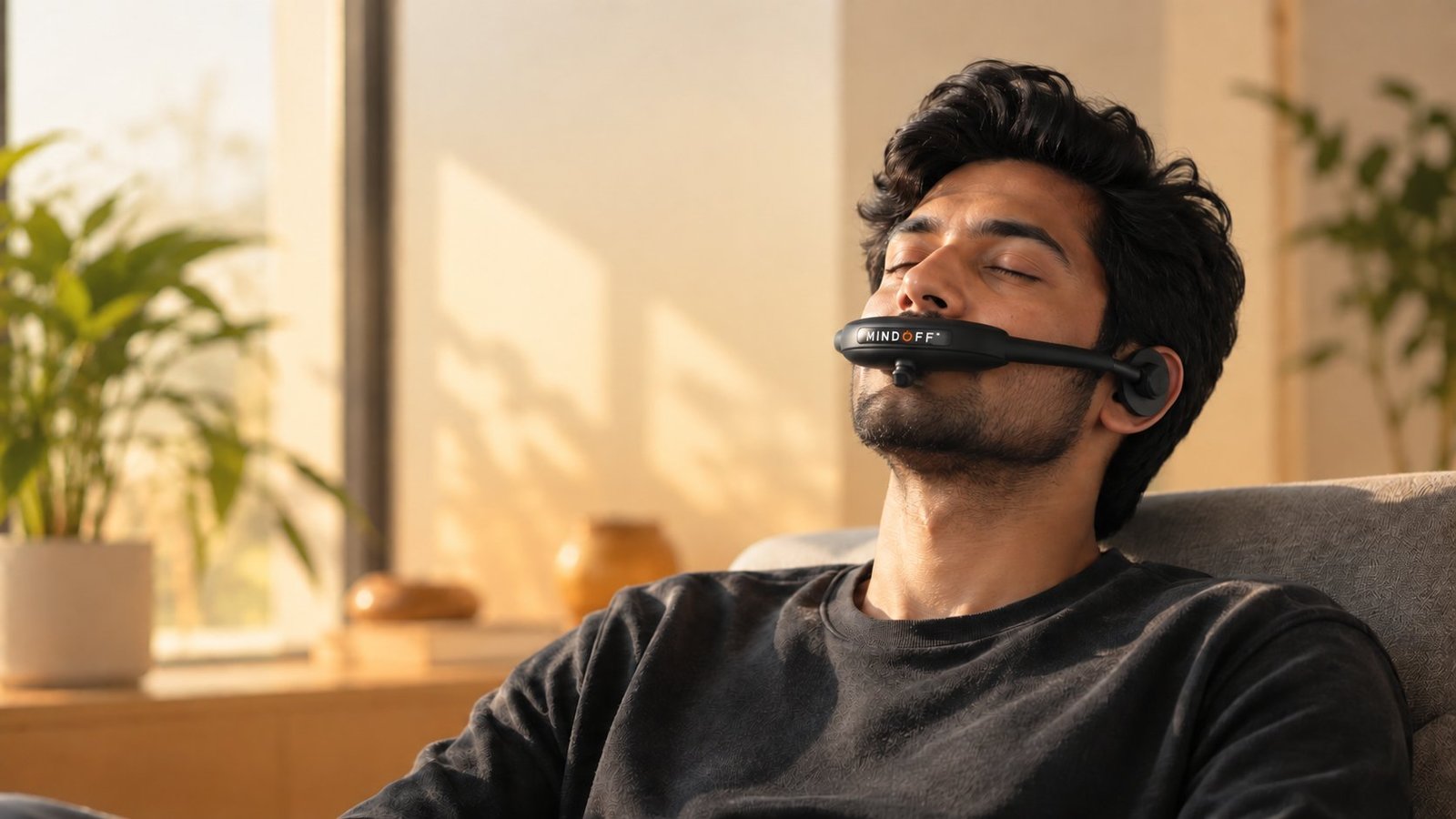 A man relaxing on a couch in the morning light, wearing the MindOFF™ device