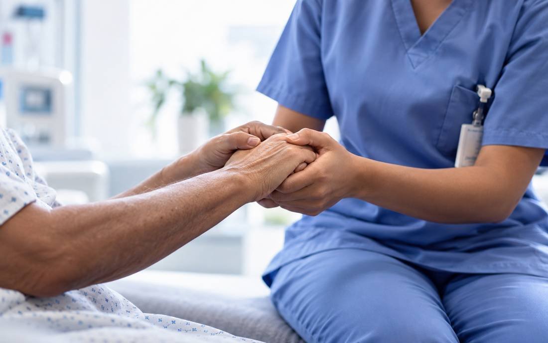 A healthcare practitioner holding a patient's hand