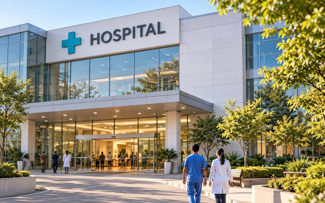 Two healthcare staff walking toward a hospital entrance