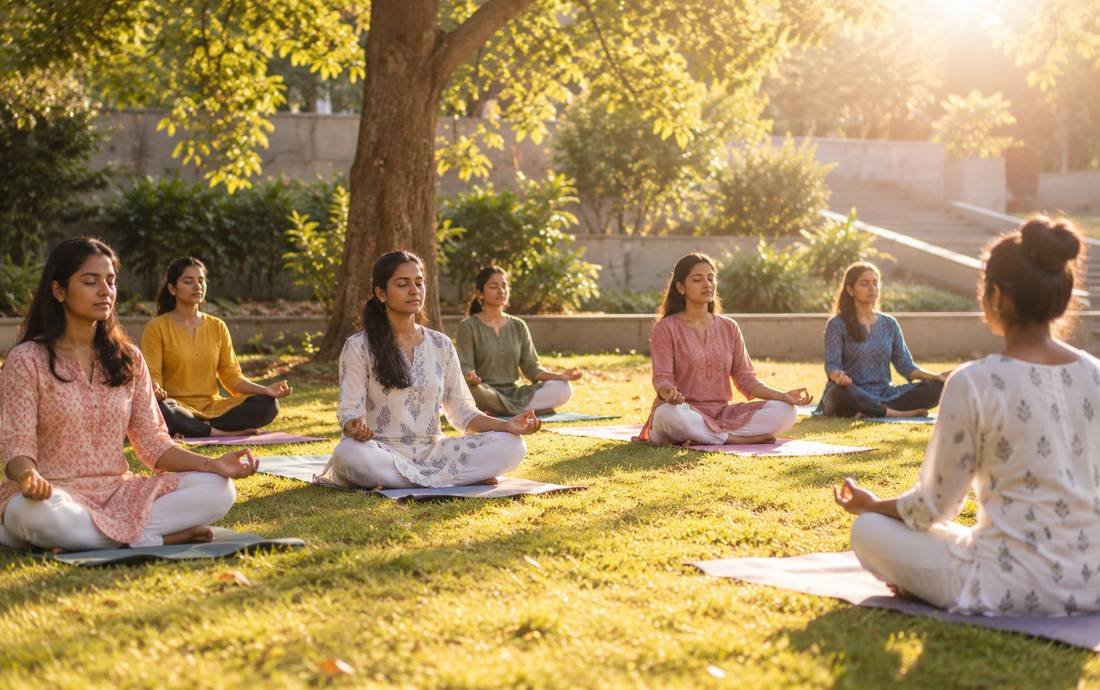A group meditating together outdoors in a park