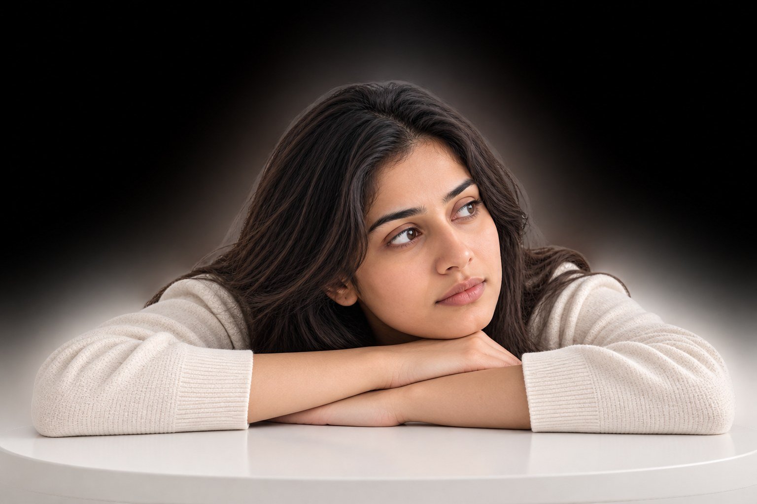 A young woman resting her chin on her hands at a table, pausing quietly and looking off to the side