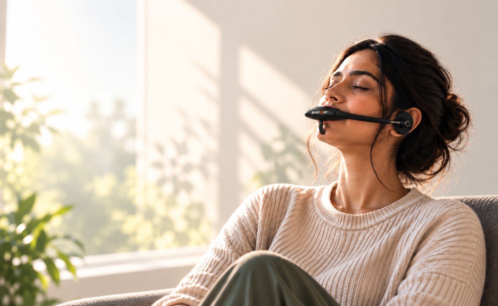 A person relaxing with eyes closed in a sunlit room, wearing the MindOFF™ device