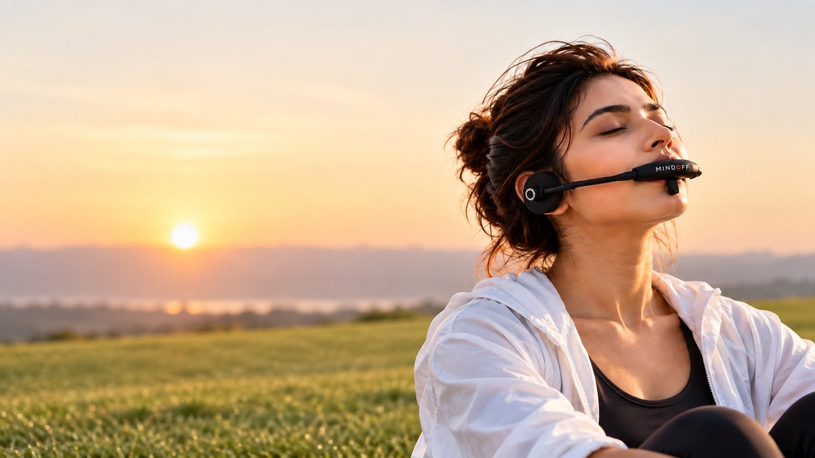 A woman with her eyes closed wearing the MindOFF device, sitting outdoors at sunset